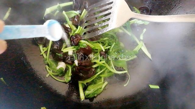 倒入木耳青菜煸炒，加入少许盐，炒熟盛出。
