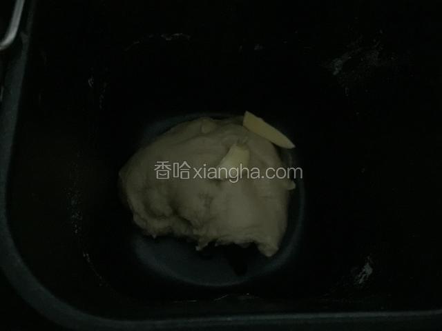 启动面包机揉面至能拉出厚膜后，加入软化的黄油继续揉。