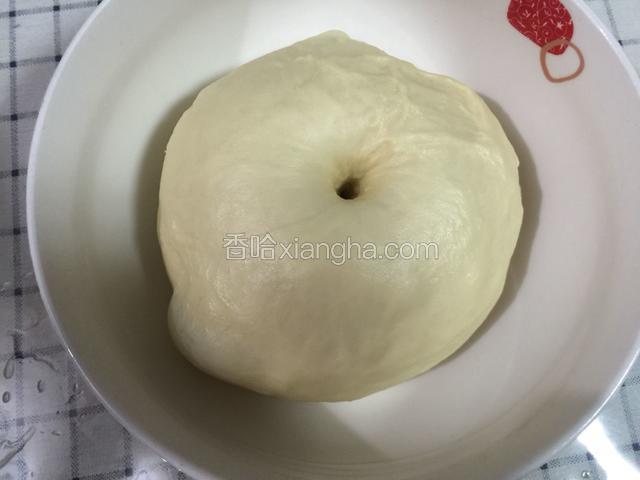 发酵至2.5倍大，手指沾水探入面团不回缩不塌陷即可。