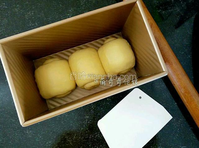 排入土司模。放烤箱里旁边放一碗热水，以保持温度和湿度，进行二次发酵。
（光线问题颜色有差异）