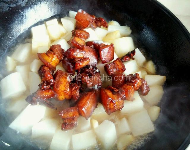 加入红烧肉，倒入半锅水。