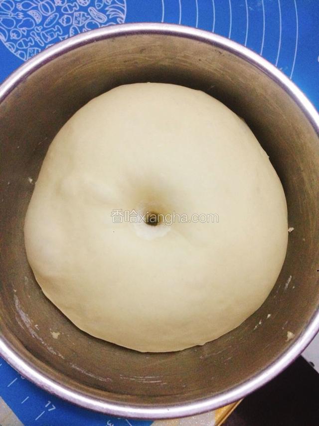 面团揉圆后放入容器中盖上保鲜膜，在28度左右的环境下发酵至原来的两倍大，用手粘少许干面粉戳一个洞，面团不会回缩也不会塌陷就证明面发得刚刚好。