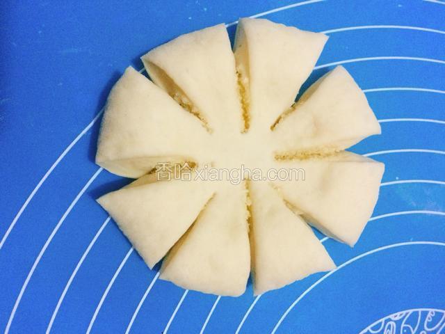 再在每份中间剪一刀，把面团总共分成8等分。