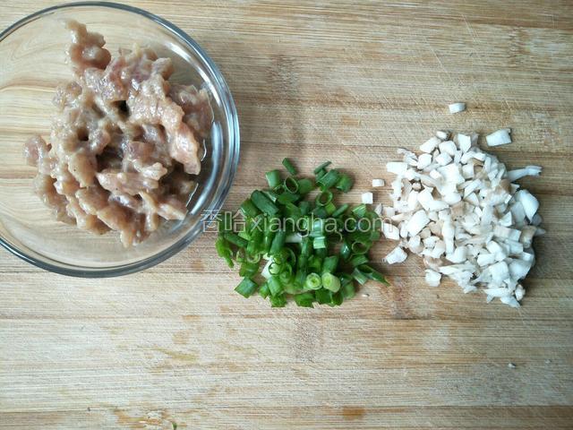葱和杏鲍菇切碎肉丁搅拌均匀备用