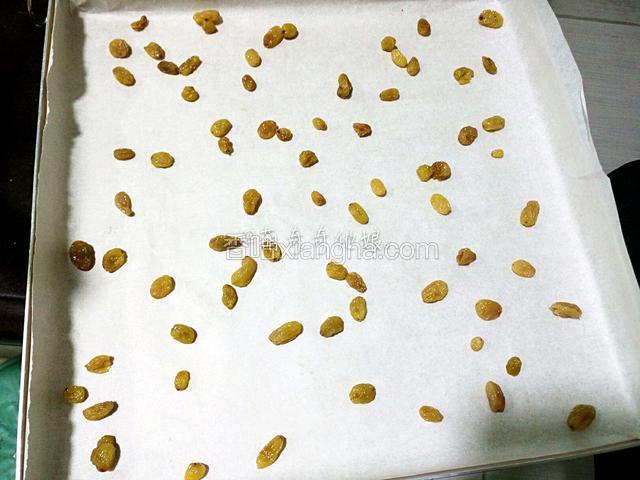 然后控水用厨房纸巾吸干水份。
烤盘上铺硅油纸，撒一部分葡萄干，待用。