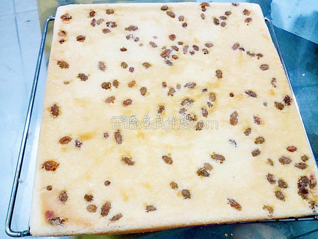 出炉后倒扣在烤网上，撕去油纸，冷却。
（图是后来做的时候拍的，因为比较匆忙葡萄干没有用厨房纸巾吸干水份，所以底面呈花纹路了。）