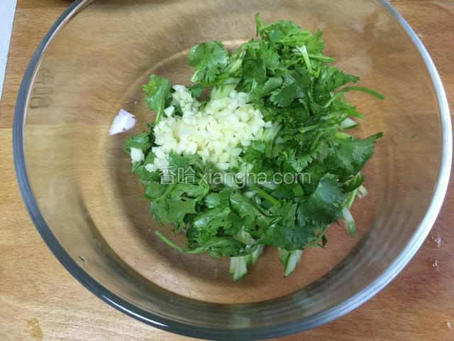 黄瓜丝，香菜和蒜末放入大碗里。