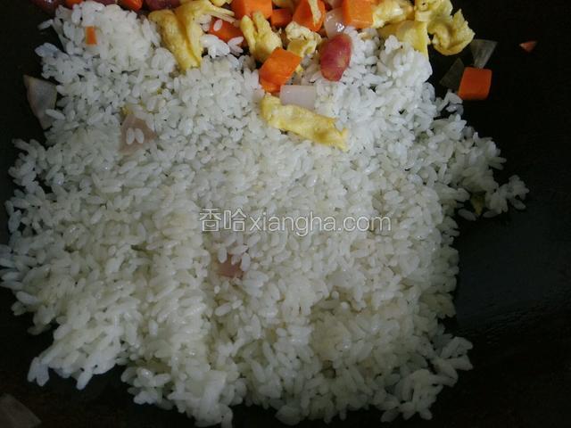 加入剩米饭，用铲子铲平，加入适量盐