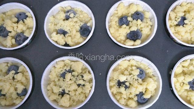 再挤入蛋糕糊挤到6分满后表层再放蓝莓，取出冰箱冷藏的金宝酥粒撒到上面（大概到纸杯的9分满）