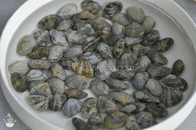 花蛤提前用清水加盐浸泡半小时，让花蛤吐沙，清洗一两次