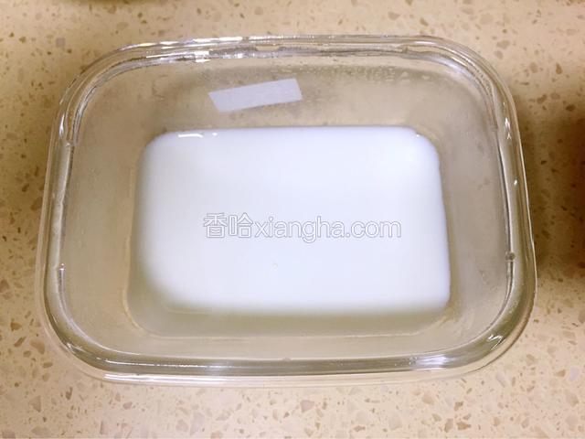 在乐扣碗中倒入一层融化好明胶的牛奶放入冰箱冷冻20分钟