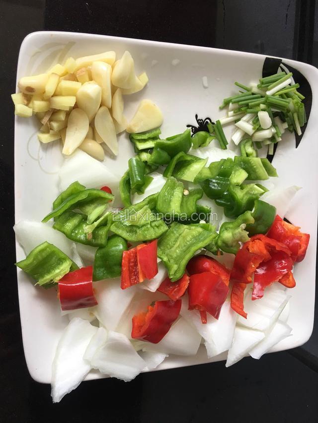 白菜梗、青红椒，生姜蒜切片、葱切段