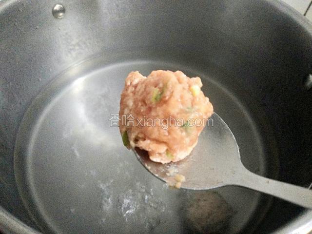 汤锅中烧沸水，水开之后先减小火，用勺子把肉糜弄成圆形下入水中