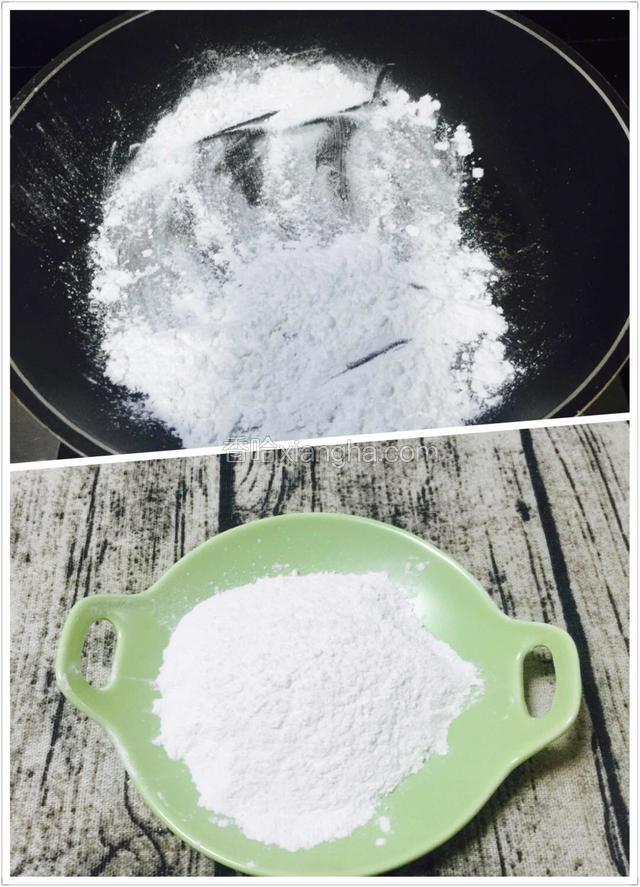 蒸冰皮期间，可以利用起来，炒拌手粉~~小火烧热平底锅，取20克糯米粉炒至米粉变黄色至熟，就可以了。
这个用来印月饼时可以用。