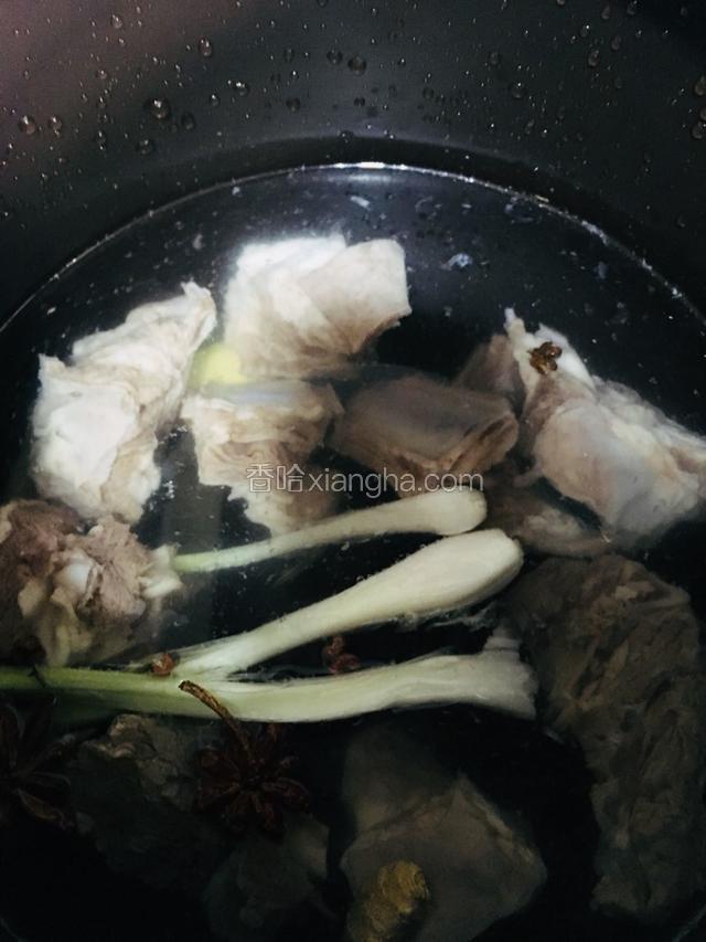 把焯好水的羊排放入砂锅里，放入适量的清水、再把葱姜花椒和八角。再放入适量的白酒。
