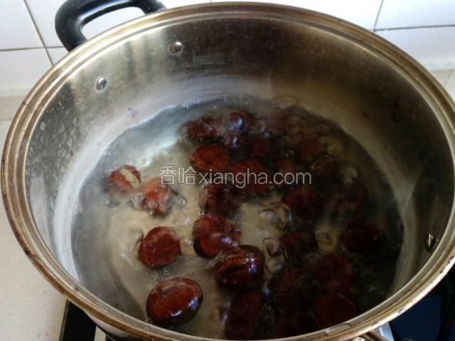 锅中加水，没过栗子。大火煮开，转小火煮至水干。捞出栗子趁热剥皮。