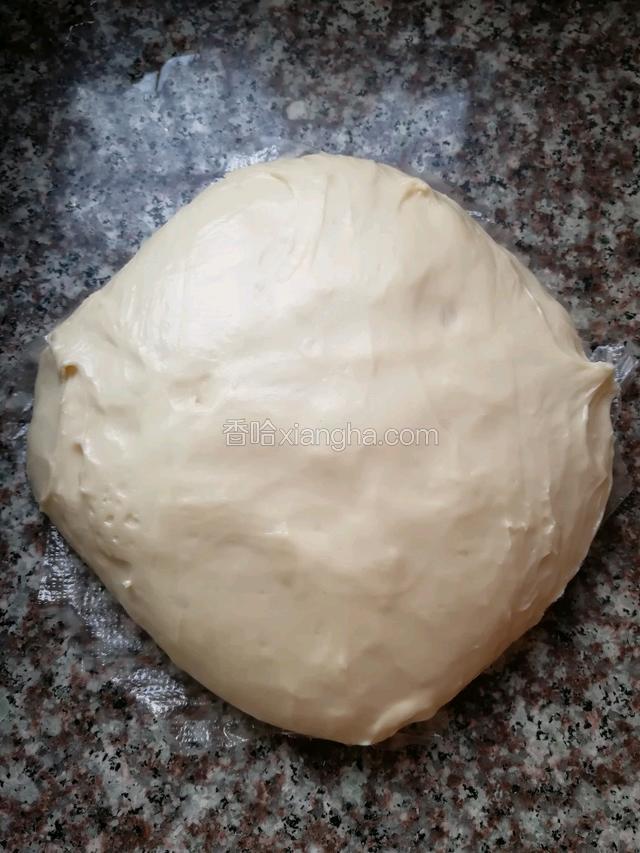 把面团用保鲜袋装起放在温室中发酵，发至二倍大