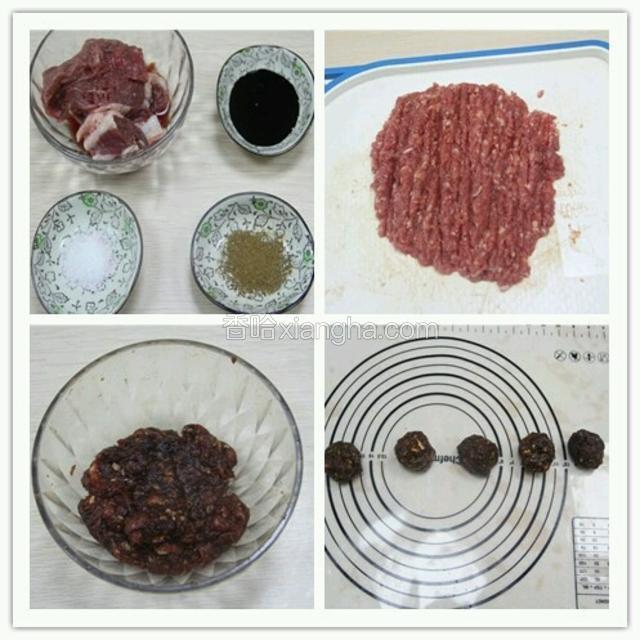 1、提前把馅料材料准备好备用。
2、牛肉切成碎肉备用。
3、加入生抽、盐、胡椒粉，均匀拌成肉团即可。
4、把馅料肉分割成6个35克的肉团备用。