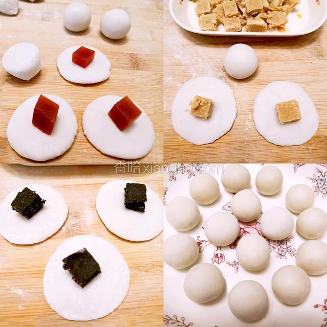 
制作汤圆：
把面团搓长后分成一个个11--12克的小剂子。（包汤圆时最主要的是打面坯子，面坯子的大小一定要均匀，这样包出来的汤圆大小一样）；
把小剂子放在手里搓圆、摁扁，依次将山楂、黑芝麻、花生馅包紧封口再次搓圆，就像包饺子一样把馅包进去后要用双手轻轻地搓圆；
将包好的汤圆分类装进容器放入冰箱冷冻，接下来不同口味的可以换着吃了。