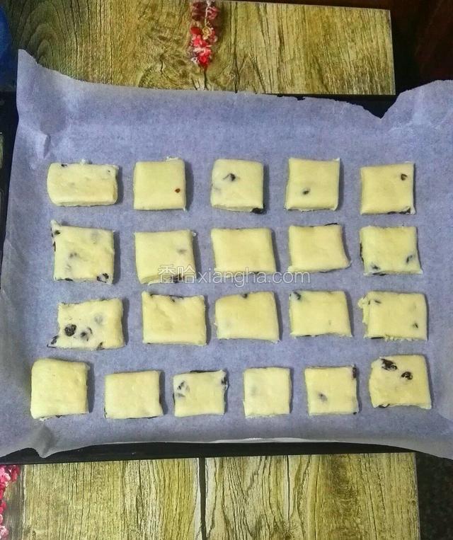 准备好烤盘，上面垫上油纸，把圆皮切成块，放入，面块之间留些间距