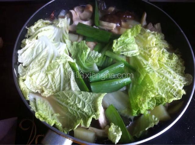 煮5分钟左右，再放入剩下的白菜和大蒜叶，适量盐和香醋，煮至白菜熟了即可