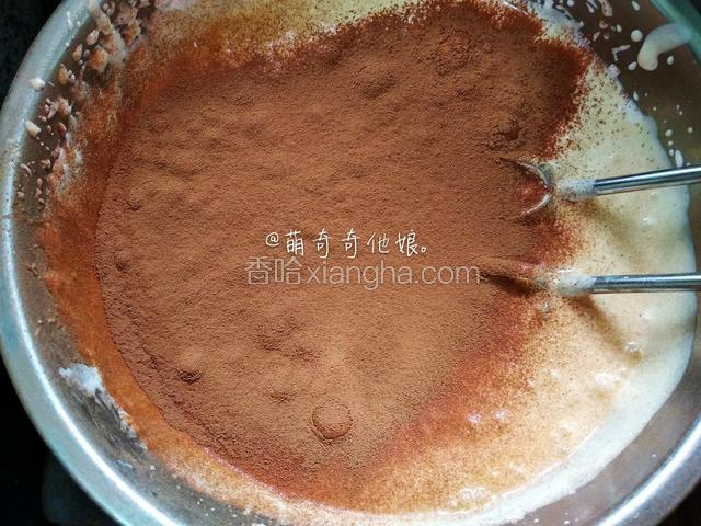 筛入适量可可粉，打蛋器低速搅打均匀。
根据自己喜好添加可可粉的量，多点少点都可以。