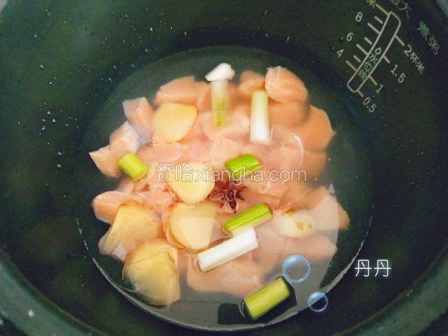 把鸡胸肉放到高压锅里，放上葱姜大料，放适量的水，煮肉键到软烂。