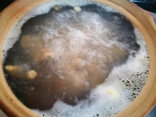 盖上盖，中火将汤烧沸后，打开盖，撇去浮沫，持续中火煮开5分钟。然后调到最小火，盖上盖，煲1个小时。