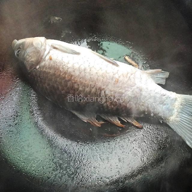 锅里放适量油烧热，把图4鱼身上的姜丝去掉（鱼肚里面的不用），放鱼进锅，煎至两面金黄
