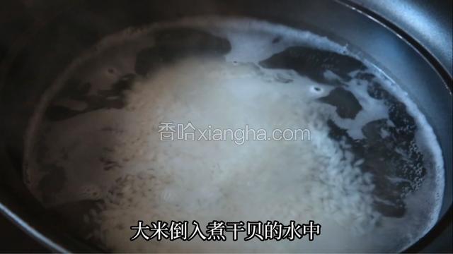 大米倒入煮干贝的水中煮10分钟。