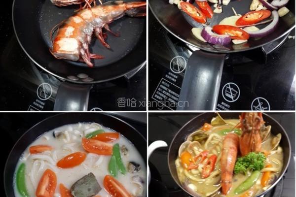 绿咖哩海鲜乌龙面的做法图解1