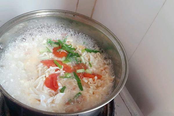 西红杮金针菇鸡蛋香葱面的做法图解8
