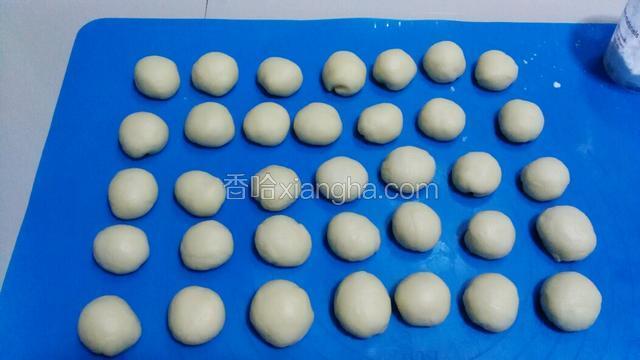 取出排气，分成35份滚圆，盖保鲜膜松弛15分钟左右。