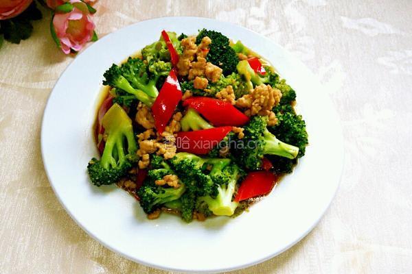 彩椒肉沫炒西兰花