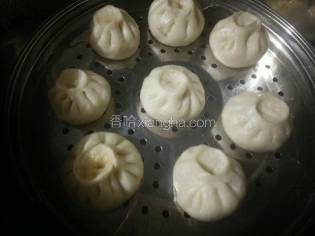 开盖看看，感觉包子皮开始发胀，用手轻轻托起一个看看，能感受到发泡发轻，开火蒸，大火烧开锅后蒸十分锅，关火，虚蒸三四分钟，出锅
