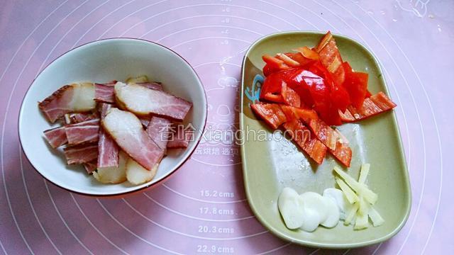腊肉去皮切薄片。大红椒切片。姜切丝、蒜瓣切片。