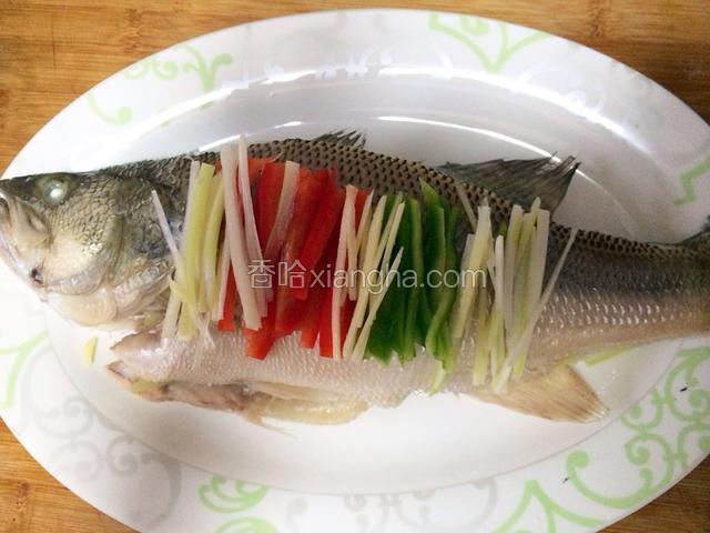 取适量蒜片，青红彩椒丝，葱丝，姜丝铺在鱼身上，如图