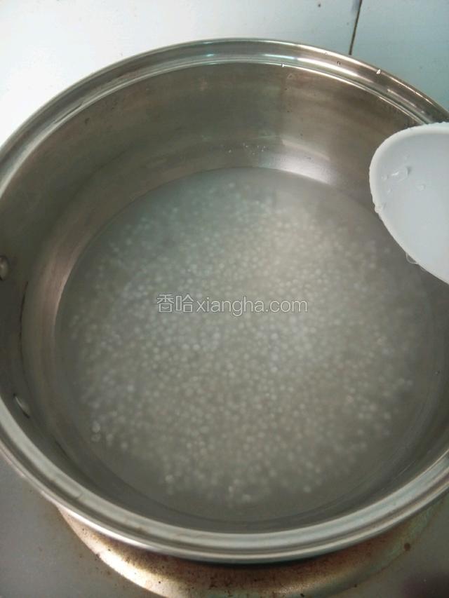 锅里水烧沸倒入泡好的西米煮，要不停的搅动不能要西米煮糊，煮倒西米中间尚有小白芯，关火焖10分钟