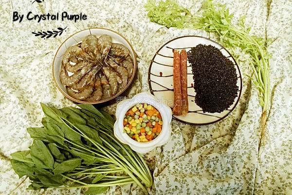 腊肠黑米什锦虾粥的做法图解1