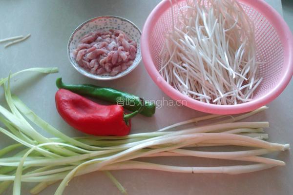 韭黄豆芽炒肉丝的做法图解1