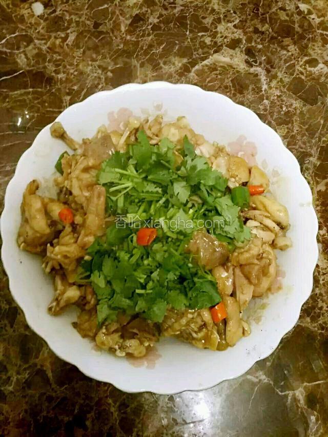 最后撒上香菜和红辣椒即可～因为孩子不喜欢吃辣，所以我只放了少量辣椒～