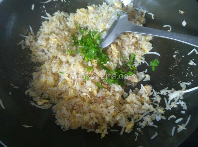 加入米饭和鸡蛋炒匀，加适量味极鲜，倒入葱花炒匀关火。