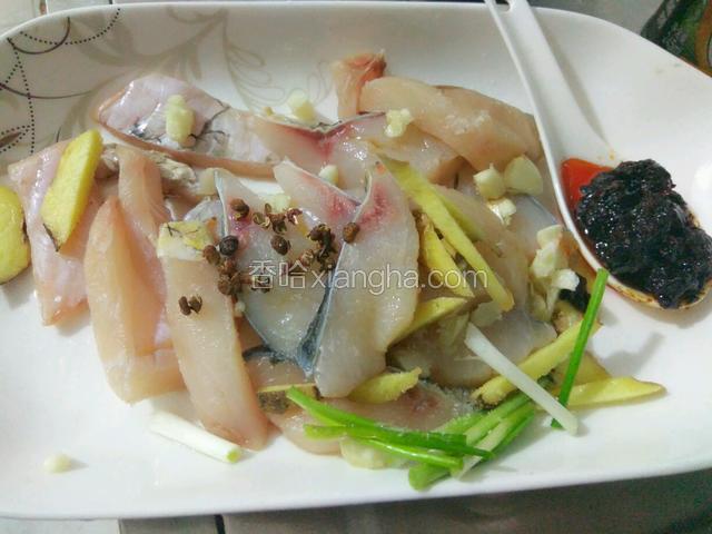 鱼切块和辅料一起腌制（香辣酱，蒜姜葱，花椒，料酒，盐）