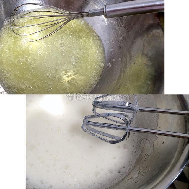 蛋白中加入塔塔粉，用手持打蛋器打至蛋白出现粗泡后，第一次加入1/3的白糖，改用电动打蛋器打至蛋白呈现粗细泡状！