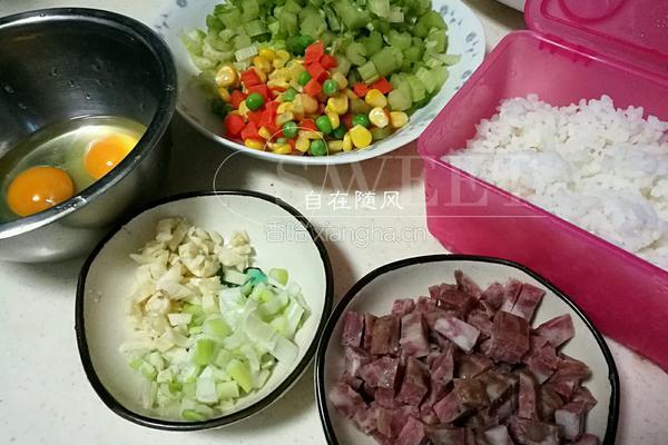腊肠菜丁蛋炒饭的做法图解2