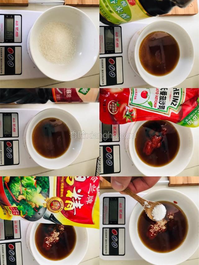 调制一个碗汁：白糖和米醋比例1:1都是50g、冰糖老抽2g、盐1g、鸡精1g