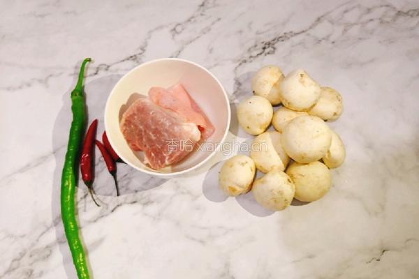 白蘑菇炒肉的做法图解1